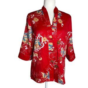 Vintage 70s Tori Richard Honolulu Red Dragon Mandarin Asian Tunic Top Medium